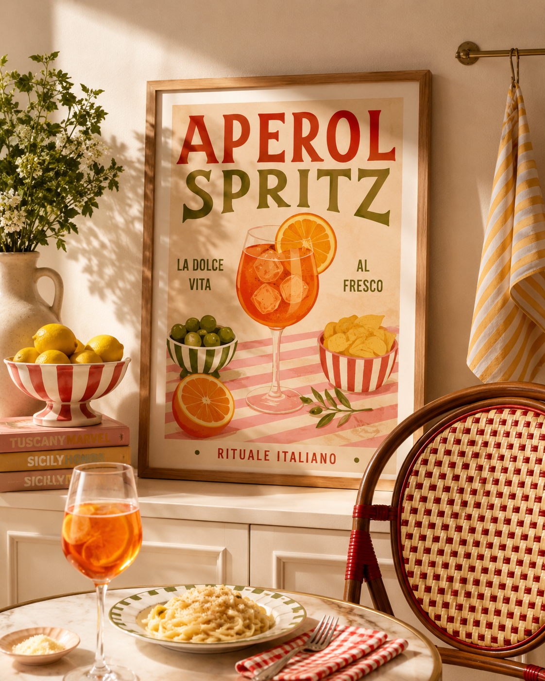 Room interior with Aperol Spritz poster, glass of orange drink, and pasta dish.